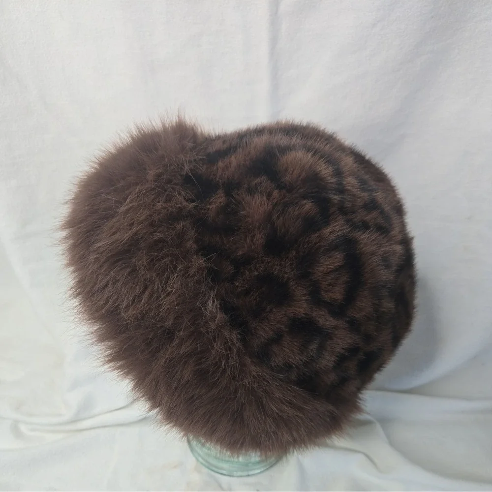 Womens Faux Fur Hat cozy warm winter brown fur trimmed with leopard crown